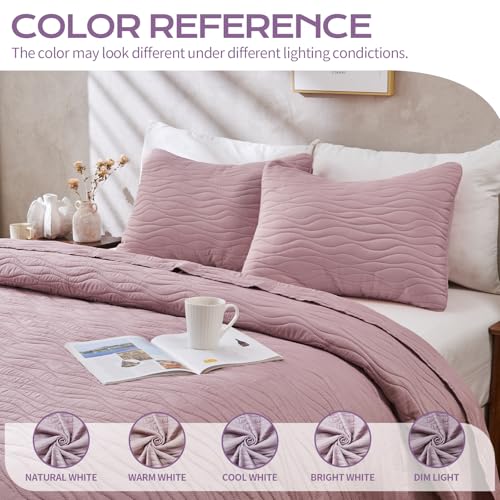 JYHOPE Grayish Purple Twin Quilt Set 68x90 Lightweight Microfabric Bedspread, 3-Piece Quilt Bedding with Pillow Shams, Summer Cooling Quilts, Ribbon Wrapped Gift - color: Wood Pattern-grayish Purple, size: Twin(68x90)