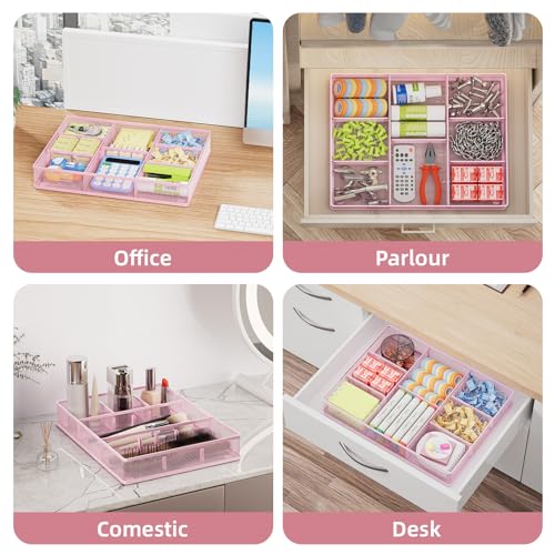 Marbrasse Pink Desk Drawer Organizer, Metal Mesh Drawer Organizer Tray with 5 Adjustable Compartments,Desk Organizers and Accessories for Home,Office,Kitchen,Makeup,Vanity (Pink) - color: Pink