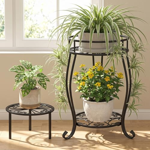 TOSKING 2-Tier & 9.1'' Single Metal Plant Stand Set – Single Stand with Adjustable Leveling Feet, Rustproof Heavy Duty Flower Pot Holder for Indoor/Outdoor, Stable Multiple Plant Rack for Balcony Garden Patio Living Room Bedroom, Black - size: 2Tier-19.5'