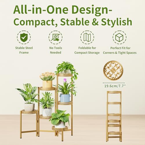 6 Tiered Plant Stand Indoor for Multiple Large Planter, Tall Heavy Duty Adjustable Folding Rack with Rustproof 7.9 Inch Wide Tray, Plant Shelf for Corner Living Room - GoldWave - color: GoldWave, size: 6-Tiers