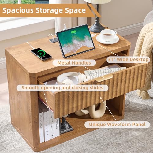 LEYAOYAO 31" Wide Fluted Nightstand with Charging Station, Oversized Extra Large 1 Drawer Night Stand with Golden Handle, Brown Wood Bedside Table Tall End Tables,for Bedroom, Living Room, Hallway - color: Brown, size: 1 Drawers