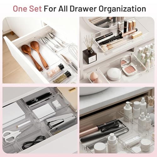 Drawer Organizer, 10 Pack Large Clear Plastic Organizer Bins 5 Sizes, Versatile Bathroom Drawer Trays, Heavy Duty Non‑Slip Drawer Dividers for Makeup, Office & Kitchen Utensils