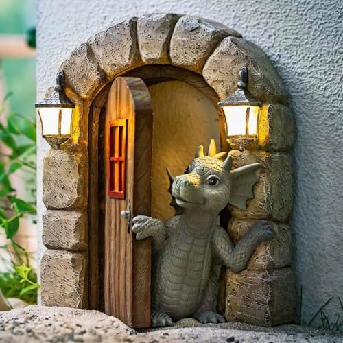 YWHWXB Garden Dragon Resin Sculpture,Lovely Outdoor Sculpture Ornaments,Garden Dragon Decor Statue for Home Patio Courtyard Lawn Decoration - color: Open the Door