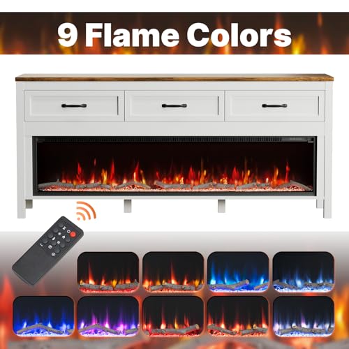 BVIUNTWO Modern Fireplace TV Stand for Up to 75 Inch TV, Entertainment Center with 60" Electric Fireplace for 65 75 Inch TV, 65" TV Stand with Storage Cabinet Drawer for Living Room (Off White) - size: 65 Inch