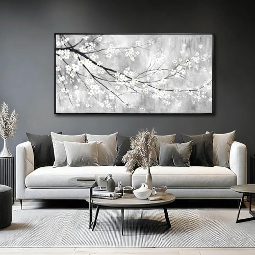 WINKAILIN White Black and Gold Plum Blossom Canvas Wall Art with Black Frame 24"x48" Floral Artwork Modern Botanical Wall Decor for Bedroom Living Room Office Kitchen - color: Black and White, size: 48"L x 24"W
