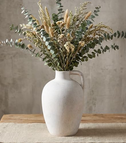 Ceramic Flower Vase with Handles,10" Neutral Tall Clay Beige Terracotta Vases Farmhouse Table Vases with Handle Living Room Decor Rustic Pottery Pots for Home Shelf Coffee Dining Desk Fireplace - color: C-10"h-antique Beige