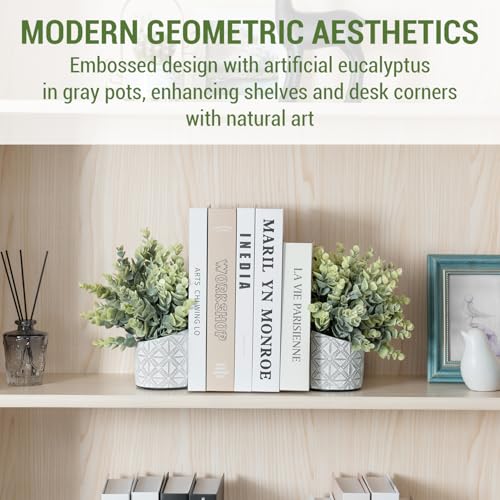 MyGift L-Shaped Decorative Bookends with Artificial Eucalyptus Plant Potted in Modern Geometric Embossed Gray Concrete Pot, Book Ends for Shelf Desk Nook Decor, 1 Pair - color: Artificial Eucalyptus