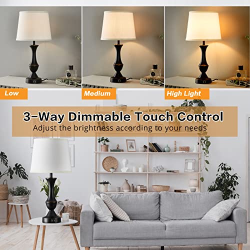Luvkczc Touch Table Lamps Set of 2, 22" Tall Bedside Lamps with USB C+A Ports,Dimmable Nightstand Lamps, Table lamp for Bedrooms, Living Room, Office, Black Lamp with White Lampshade, Bulbs Included - color: Black, White, size: 22in