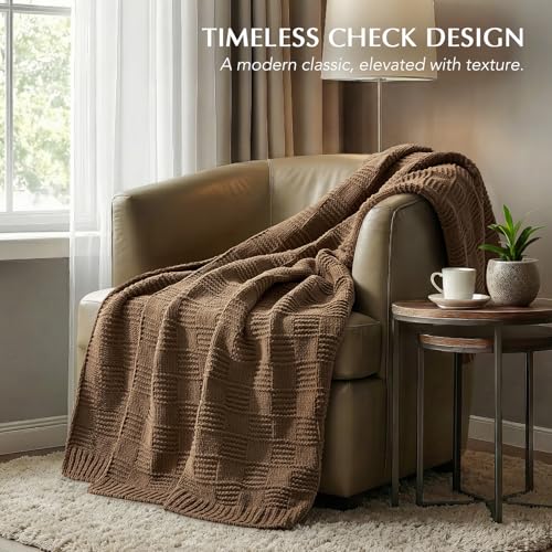 EVERGRACEHOME Modern Checkered Chenille Throw Blanket, Soft Cozy Plaid Knitted Blanket for Sofa & Couch, Decorative Knit Throw for Bed and Living Room, Camel Brown, 60" x 80" - color: Checkered Camel Brown, size: 60" x 80"