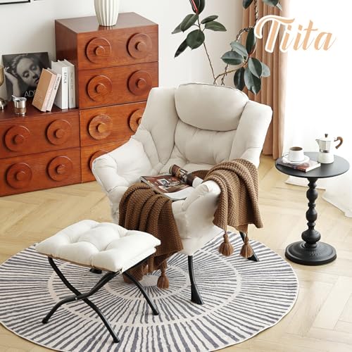 Tiita Lazy Chair with Ottoman, Beige Modern Large Accent Chair, Comfy Leisure Sofa Armchair with Ottoman, Reading Chair with Footrest for Bedroom, Living Room, Dorm Rooms, Beige - color: Peach Skin Beige