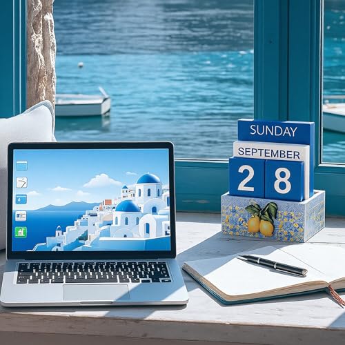 AceOrbit Tile Lemon Wood Block Perpetual Calendar Coquettish Desk Decor Blue Mediterranean Amalfi Coast Decor Cute Month Week Date Display Decorative Block Calendar for Office Home Desk Gift for Women - style: Tile Lemon