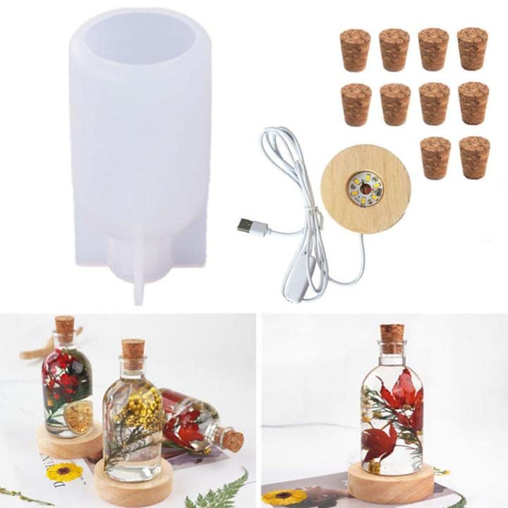 Bottle Resin Silicone Mold with Light Base and 10 PCs Corks Epoxy Resin Casting Mold for Wishing Bottle Crystals Glass Art Decoration - color: Bottle mold with Light base