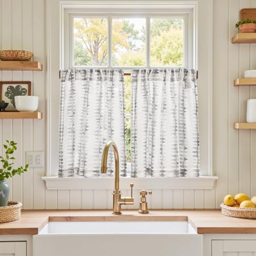 jinchan Boho Kitchen Curtains for Windows Light Filtering Poly Linen Cafe Curtains 24 Inch Rod Pocket - Mudcloth Print 2 Panels Farmhouse Window Treatments for Bathroom Laundry RV Grey on Linen - color: Tribal | Grey on Linen, size: 26"W x 24"L (Pack of 2