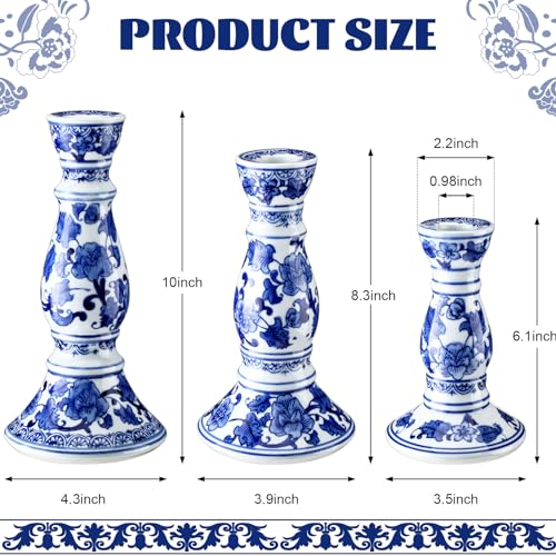 Soaoo Set of 3 Blue and White Porcelain Ceramic Pillar Candle Holder Chinoiserie Pillar Candle Holders Candlestick Decoration for Wedding Party Fireplace Table Home Centerpiece