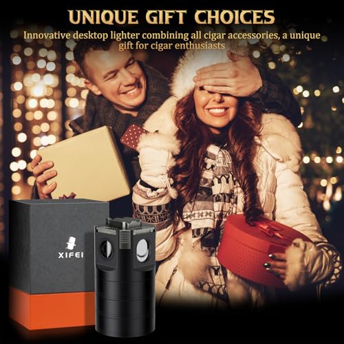 XIFEI 8-in-1 Desktop Cigar Lighter Kit, 4 Jet Flame Torch Lighter with V Cutter Guillotine, Punch, Holder, 3 Draw Enhancer Tools, 3 Ashtrays, Cigar Accessories for Home, Office, Bar & Gifts (Black) - color: Black