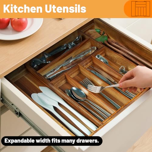 KITEISCAT Acacia Wood Expandable Silverware Organizer, Kitchen Utensil Drawer Organizer for Forks & Spoons, 8-Compartment Cutlery Tray, Flatware Holder - size: 8 Compartments Expandable