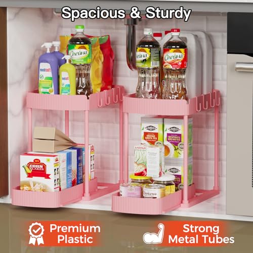 Ukeetap 2 Pack Multi-Purpose Pull-Out Storage Organizers, Under Sink & Cabinet Organizers, 12.8 Inch Pink - color: Pink, size: 12.8 Inch