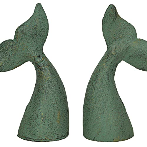 Set of 2 Nautical Cast Iron Whale Tail Decorative Bookends for Home Decor, Coastal Themed Shelves, and Beach House - Verdigris Green Enamel Finish - Organize and Beautify Your Space - color: Whale Tail - Green