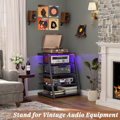 Armocity 5-Tier AV Media Stand with Power Strips, Media Console with LED Lights, Audio Tower Rack with Adjustable Shelves, Stereo Stands and Racks, 40.8'', Black Ebony - color: Black Ebony, size: 40" (H)