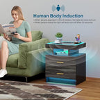 Smart LED Nightstand Set of 2 - with - Modern Night Stand with Wireless Charging Station, Glass Top Bedside Table with Drawers for Bedroom, Glossy End Table with Human Body Induction (Black) - color: Black X2 2 Drawers-glass Top