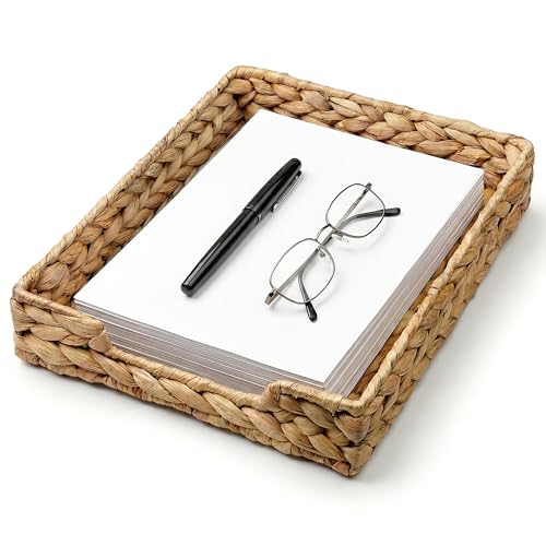 Demigo Water Hyacinth Letter Tray - Desk Organizer & Paper Basket for Mail, A4 File - Sturdy Woven Storage, File Holder with Metal Frame, Rustic Boho Office Decor & Magazine Sorter