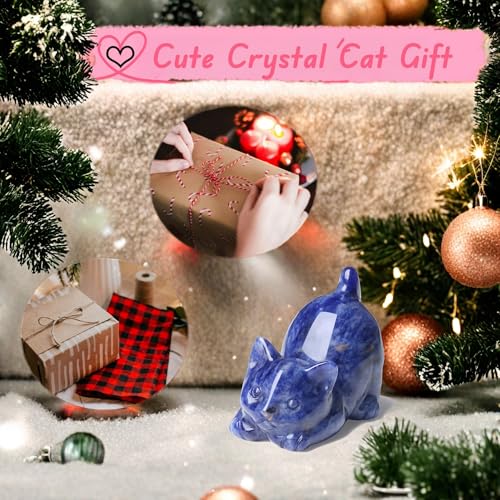 2" Blue Sodalite Cat Crystal Statue Carved Healing Stone Natural Figurines for Gemstones Home Room Decor Carved Handcrafted Cute Statue Lazy Sculpture Kitten Gifts for Cat Lovers Women - color: Blue-sodalite
