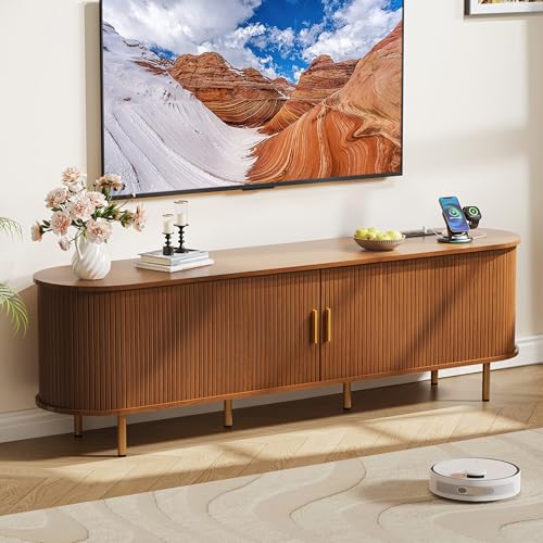 DHH 70.8 Inch Mid Century Modern TV Stand with Power Outlet for TVs up to 80 Inch, Entertainment Center with Storage and Adjustable Shelves, Media Console with Sliding Doors for Living Room(Walnut) - color: Walnut, size: 71 Inch
