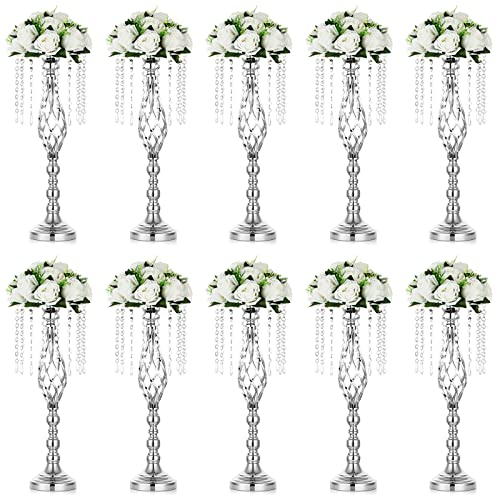 Nuptio 10 Pcs Silver Wedding Centerpieces Flower Stand, 21.7in/55cm Height Wedding Road Lead Flower Vases, Crystal Artificial Flower Arrangements for Wedding Party Birthday Event Reception Home Decor - color: Silver, size: Large - 10 Pcs