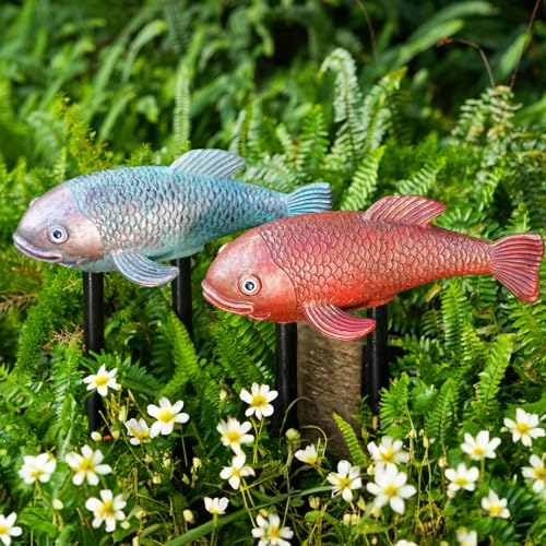 Teaeeno Antique Ceramic Koi Fish Garden Statues - Set of 2 | Exquisite Fish Sculptures for Outdoor, Patio, Pond, and Garden Decorations (Color) - color: Gold