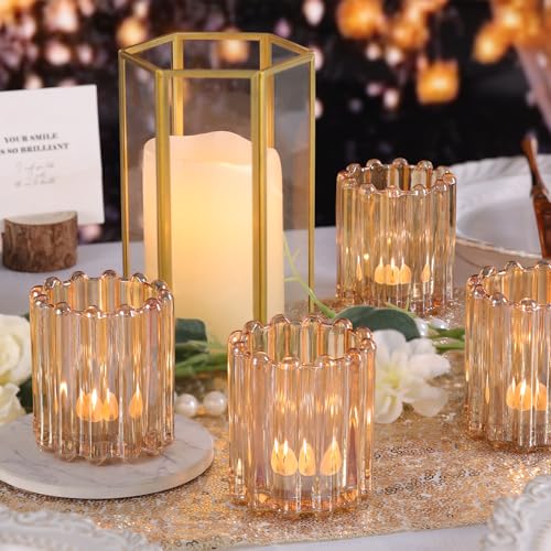 HAVITI Glass Gold Votive Candle Holder, Ribbed Votive Candle Holders Set of 12, Tealight Candle Holder for Wedding Centerpieces Dinner Party Table Decor - color: Gold