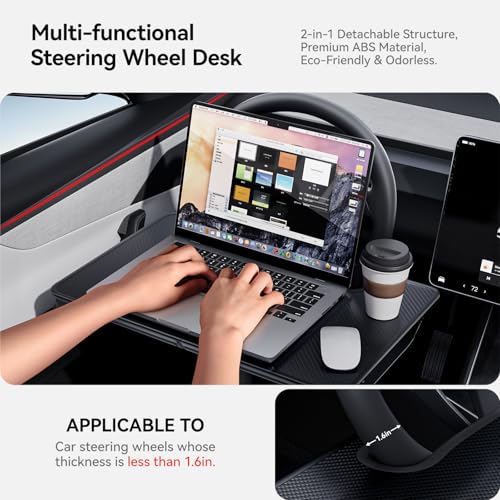 YONZEE 2-in-1 Car Steering Wheel Desk Tray & Car Seat Gap Filler Organizer – Foldable Carbon Fiber Look Table for Laptop, Eating Food, Writing – for Standard Round Steering Wheels - color: Black