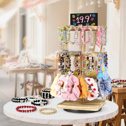 LadyRosian 3-Tier Wooden Rotating Jewelry Display Stand | Bracelet & Keychain Organizer with Advertising Board | 48 Hooks Rustic Holder for Vendor Booth & Stores (3-Tier Square Slot Display) - color: 3-Tier Square Slot Display