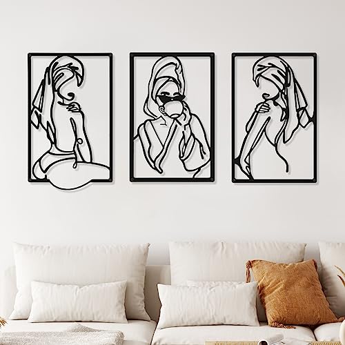CHENGU 3 Pieces Metal Minimalist Abstract Woman Wall Art Line Drawing Wall Art Decor Single Line Female Home Hanging for Kitchen Bathroom Living Room - style: Cup Style
