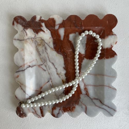 Vintage Natural Marble Tray Small Ornaments Scalloped Tray Handmade Storage Dish for Counter, Vanity, Dresser, Nightstand and Desk (Calacatta Red) - color: Calacatta Red