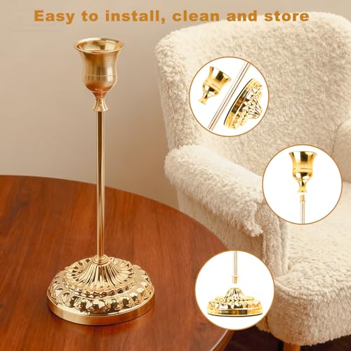 BEAHOT Set of 6 Gold Glossy Metal Taper Candle Holders, Elegant Non-Slip Candlestick Holders Decor with Matching Candle Snuffer – for Wedding Centerpiece - color: 6 Pack Gold