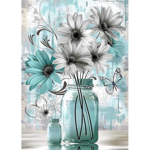 Amz Camel Diamond Painting Kit, 30x40cm White Flowers in Vase Still Life Art, Elegant Round Drill DIY Craft, Minimalist Home Decor Gift