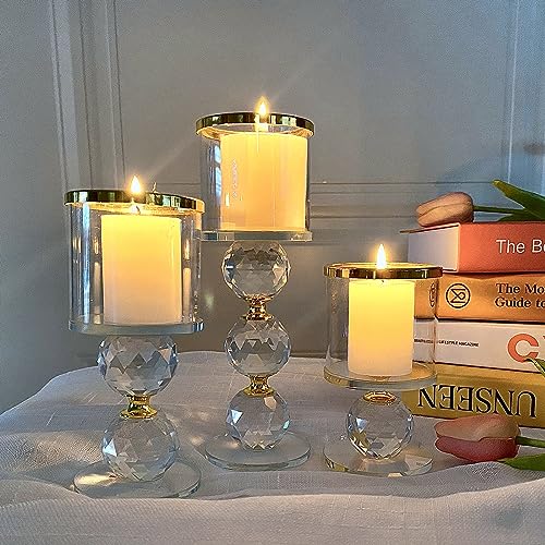 Glass Candle Holders Set of 3,Gold Pillar Candlestick,Crystal Candle Holder for Table Centerpiece Wedding Home Decor