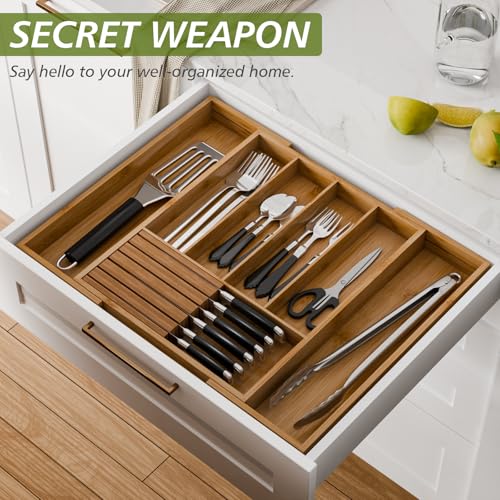 Bamboo Kitchen Silverware Drawer Organizer - Expandable Wood Utensil Holder with Dividers, Luxury Cutlery Storage Tray for Kitchen Utensil and Flatware (5-7 Slots with Removable Knife Block, Walnut) - color: Walnut