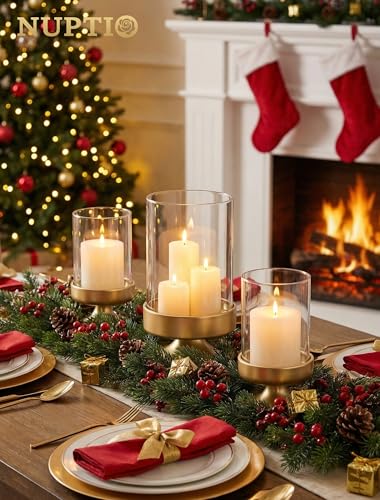 NUPTIO Candle Holders for Pillar Candles: Gold Large Holders with Hurricane Glass Sleeve for Outdoor - Brass Stands Set of 3 for Fireplace Table Centerpiece