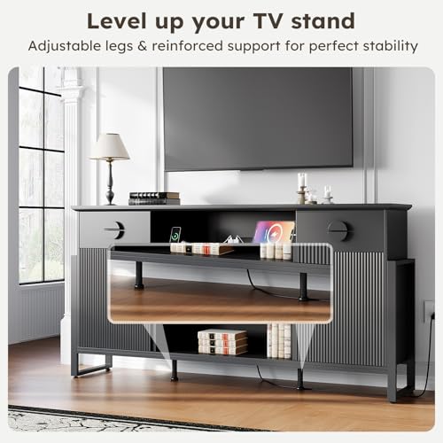 LGHM 70'' Fluted TV Stand with Power Outlets, Stylish Modern Entertainment Center with Drawers for TVs Up to 80”, 38'' Tall TV Stand, Media Console for Living Room, Metal Legs Design, Black - size: 38''H TV Stand