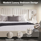 Luxury Queen Size Bed Frame with LED Lights and Nightstands, Modern Velvet Upholstered Platform Bed Frame with Oversized Headboard, Buttons Around, No Box Spring Needed, Beige | Breathable material - color: Beige-velvet, size: Queen
