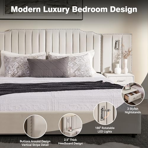 Luxury Queen Size Bed Frame with LED Lights and Nightstands, Modern Velvet Upholstered Platform Bed Frame with Oversized Headboard, Buttons Around, No Box Spring Needed, Beige | Breathable material - color: Beige-velvet, size: Queen