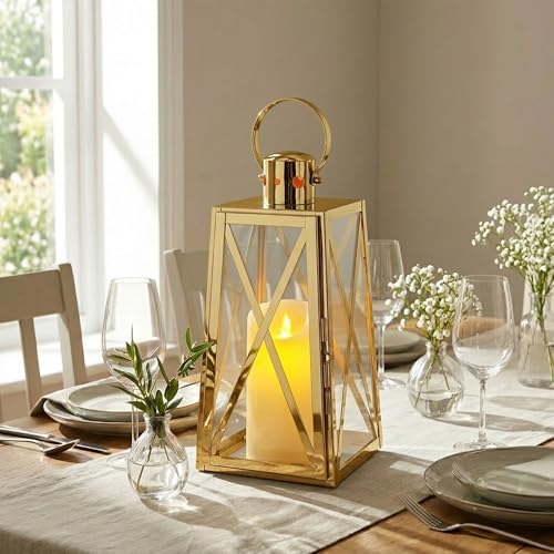 TRIROCKS Stainless Steel Decorative Lantern 12''H Metal Outdoor Candle Holder Hanging Candle Lantern with Tempered Glass for Christmas Home Wedding Living Room Parties Indoor Outdoor(Gold Trapezoid) - color: Gold