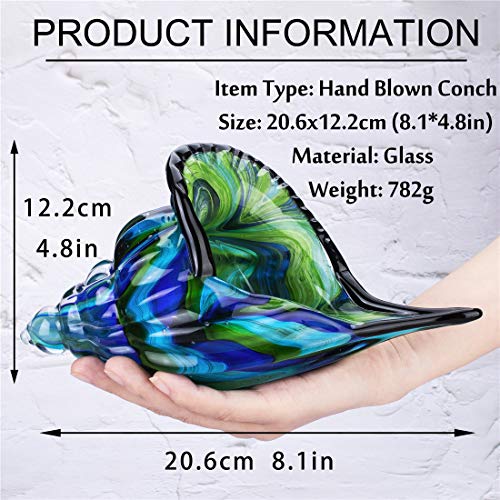 QFkris 8" Glass Conch Figurines, Hand Blown Seashell Art Glass Sculpture, Beautiful Home Decor, Crystal Paperweight - color: Blue