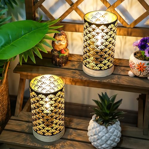 JHY DESIGN Set of 2 Metal Battery Powered Lamps 7.5''H Accent Cordless Lamps with 6-Hours Timer for Weddings Party Patio Garden Indoors Outdoors Table Balcony（Wooden Base） - color: Black