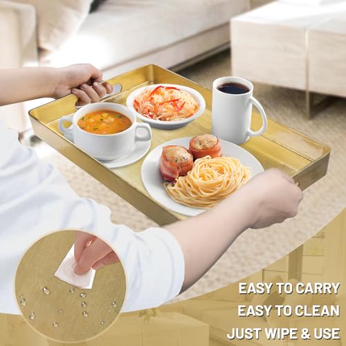 MAONAME Gold Decorative Tray with Handles, Foil Serving Tray for Ottoman, Rectangular Coffee Trays for Living Room, Bathroom, 11.8" L x 8" W x 1.6" H - size: 11.8" x 8.7" x 1.6"