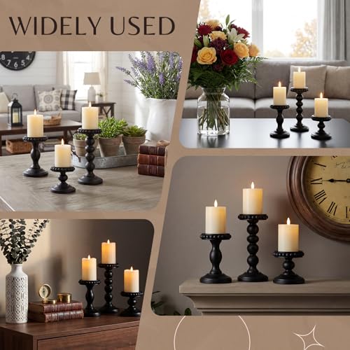 Mumufy 3 Pcs Candle Holders for Pillar Candles Rustic Farmhouse Home Decor Decorative Washed Beaded White Black Wood Candle Holder Country Style for Table Mantel Fireplace Wedding(Black,Small) - color: Black, size: Small