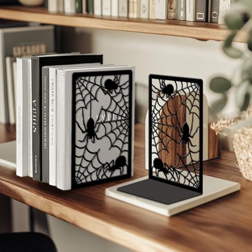 Peacoblue Metal Bookends for Shelves, Modern Decorative Heavy Duty Study Book Ends Stoppers for Office, Desk, Shelf, Room 5.3"x4.3"x7.9" Cast Iron Simple Tall Bookends 1 Pair (Spider and Spider Web) - style: Spider and Spider Web