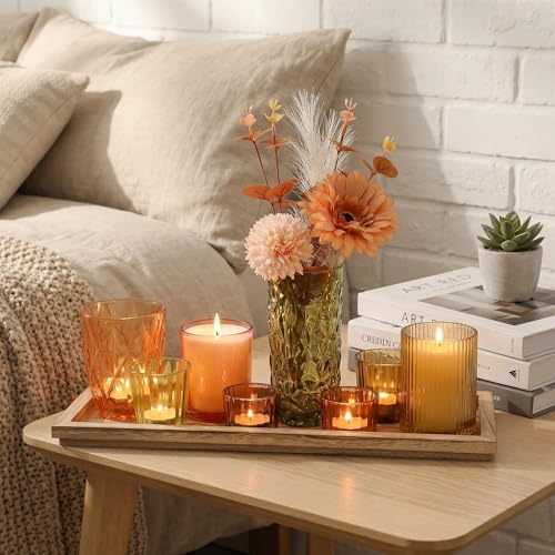 Votive Candle Holders Set with Wooden Tray - 8 Piece Rustic Colored Glass Candlestick & Solid Wood Centerpiece Decor for Mantel, Dining Table, Farmhouse Wedding Decor - color: Colored Candlestick
