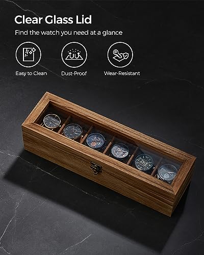 SONGMICS 6-Slot Watch Box, Watch Display Case with Large Glass Lid, Removable Watch Pillows, Velvet Lining, Gift Idea, Rustic Walnut UJOW006K01 - color: Rustic Walnut, size: 1 Layer 6 Slot
